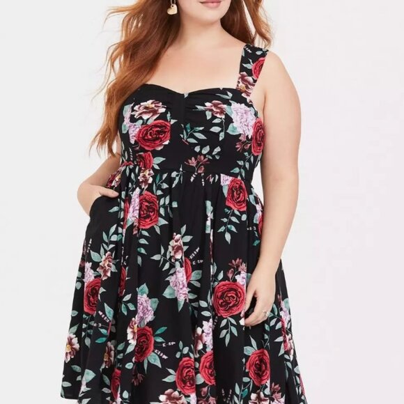 Torrid Mini Challis Skater Dress Black Floral Roses Size 2 - Picture 3 of 8